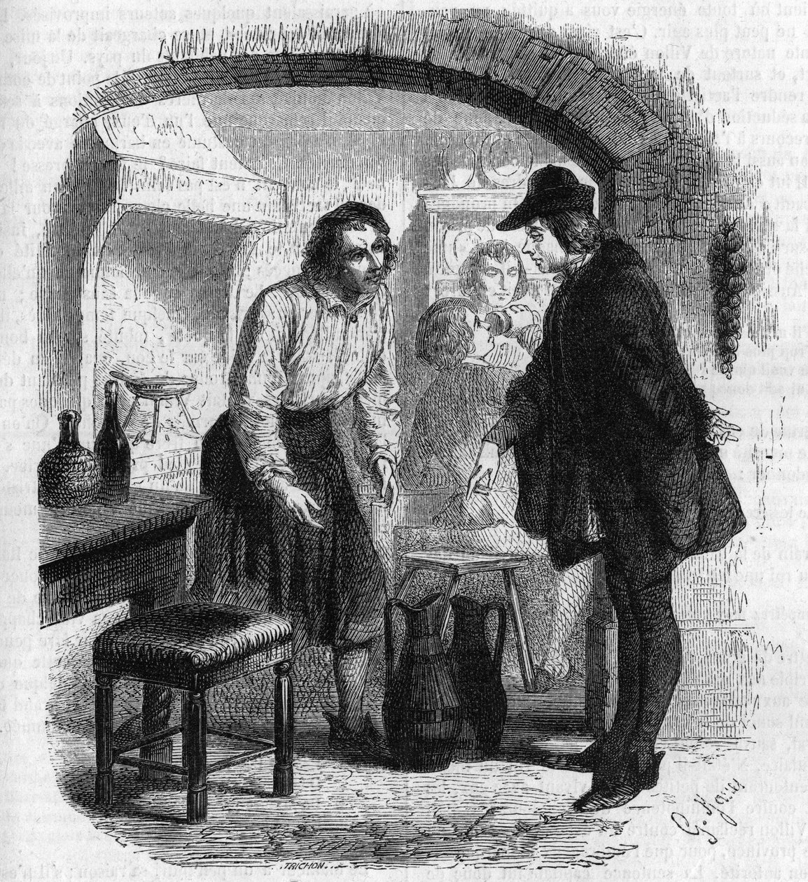 Der Dichter Francois Villon (1431-1463) zeichnet eine Flasche Wein nach. Gravur von Gustave Janet von Gustave Janet