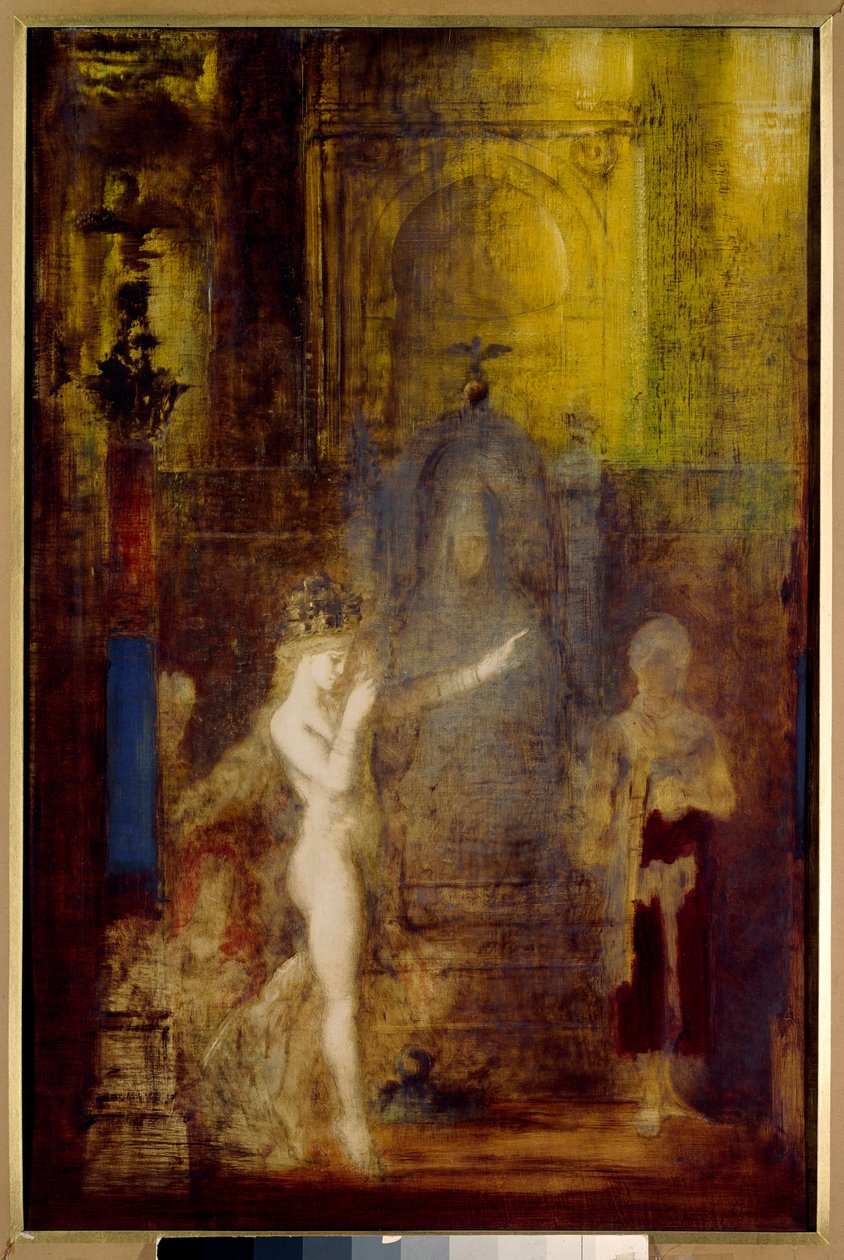 Salome tanzt vor Herodes. Salome tanzt im Bankettsaal von Herodes. Herodes sitzt auf einem hohen Thron und ist von der Schönheit der Tänzerin fasziniert. Gemälde von Gustave Moreau (1826-1898) von Gustave Moreau