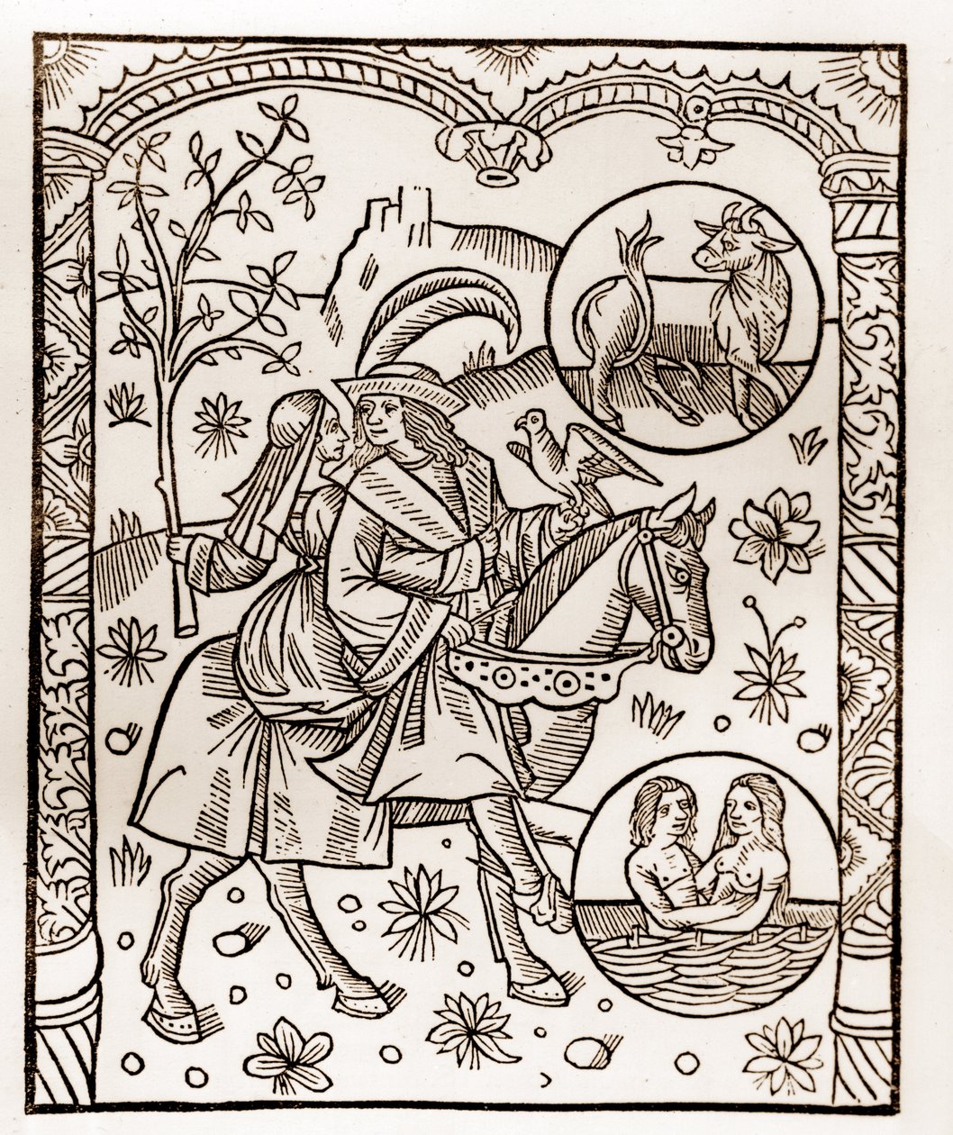 Hirtenkalender - Die Arbeiten der Monate - Mai - Holzschnitt aus dem Buch von 1496, gedruckt von Guy Marchant (Guido Mercator) in Troyes - Holzgravur in „Le grand Calendrier et compost des shepherds“ von Guy Marchant