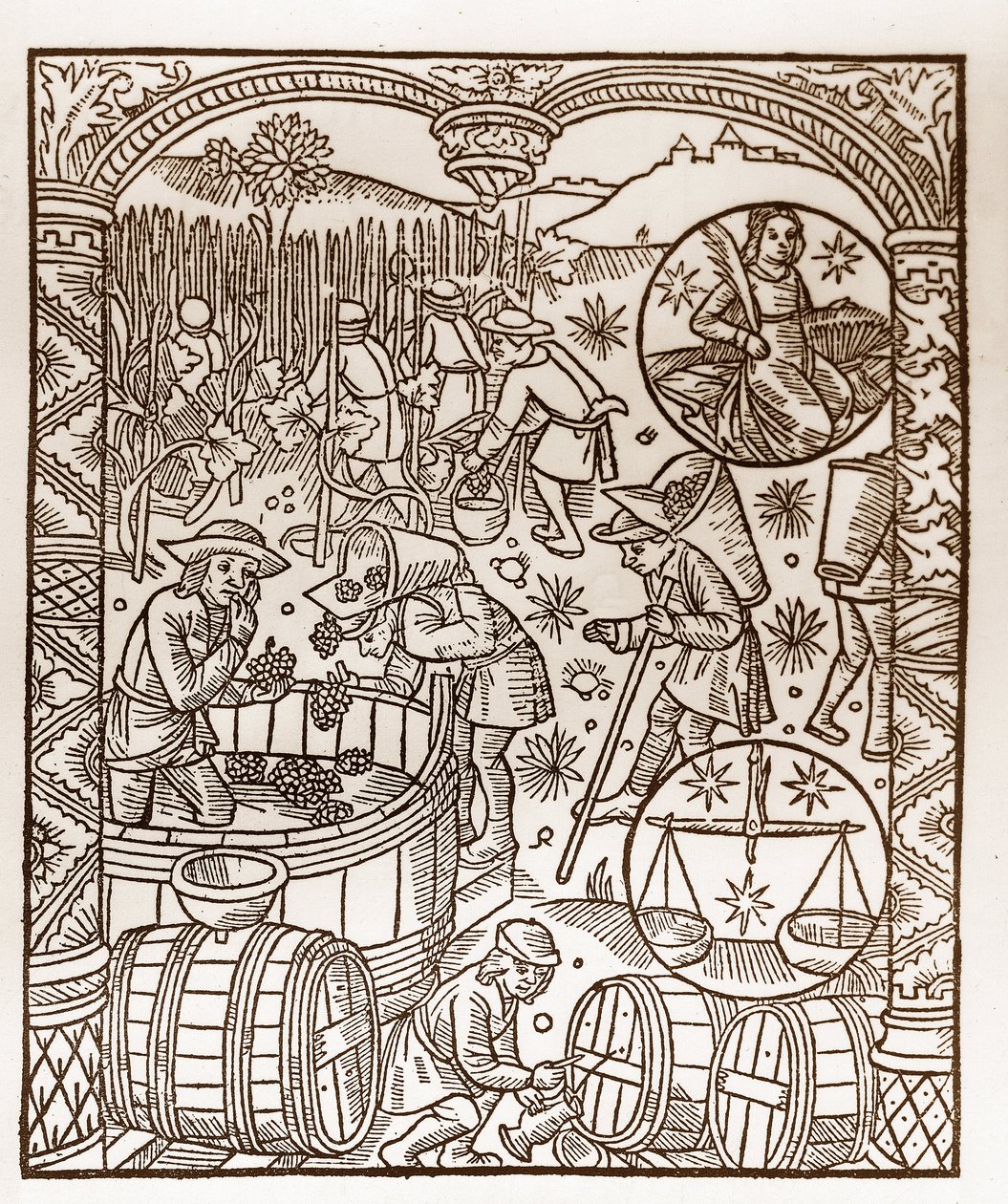 Hirtenkalender - Die Arbeiten der Monate - Oktober - Holzschnitt aus dem Buch von 1496, gedruckt von Guy Marchant (Guido Mercator) in Troyes - Holzgravur in „Le grand Calendrier et compost des shepherds“ - Die Ernte - und die Tierkreiszeichen von Guy Marchant