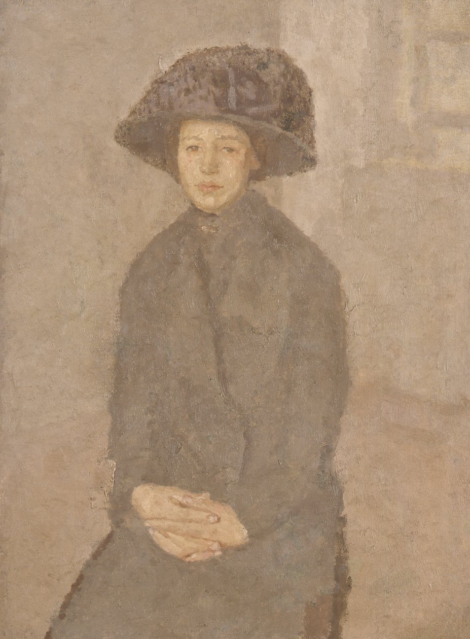Junge Frau mit großem Hut, ca. 1917-25 (Öl auf Leinwand auf Karton aufgezogen) von Gwen John
