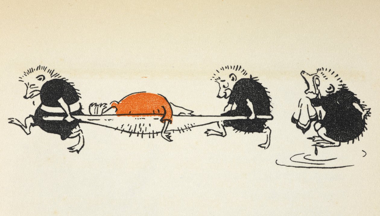 Illustration von zwei Igeln, die einen verletzten Krocketspieler tragen, gefolgt von einem weiteren weinenden Igel. von Gwynedd M. Hudson