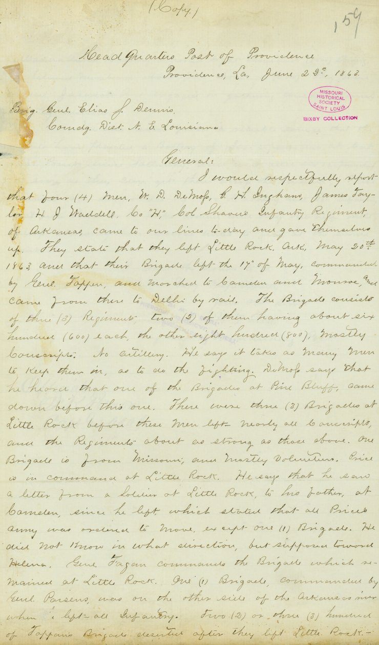 Brief von H. T. Reid, Hauptquartier, Post of Providence, Louisiana, an Brigadegeneral Elias S. Dennis, 22. Juni 1863 von H.T. Reid
