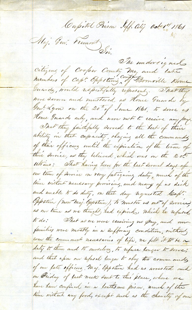 Appell von Mitgliedern der Kompanie von Captain Eppstein, Boonville Home Guards, Capitol Prison, Jefferson City, an Generalmajor Fremont, 1. Oktober 1861 von H. L. Hoefer