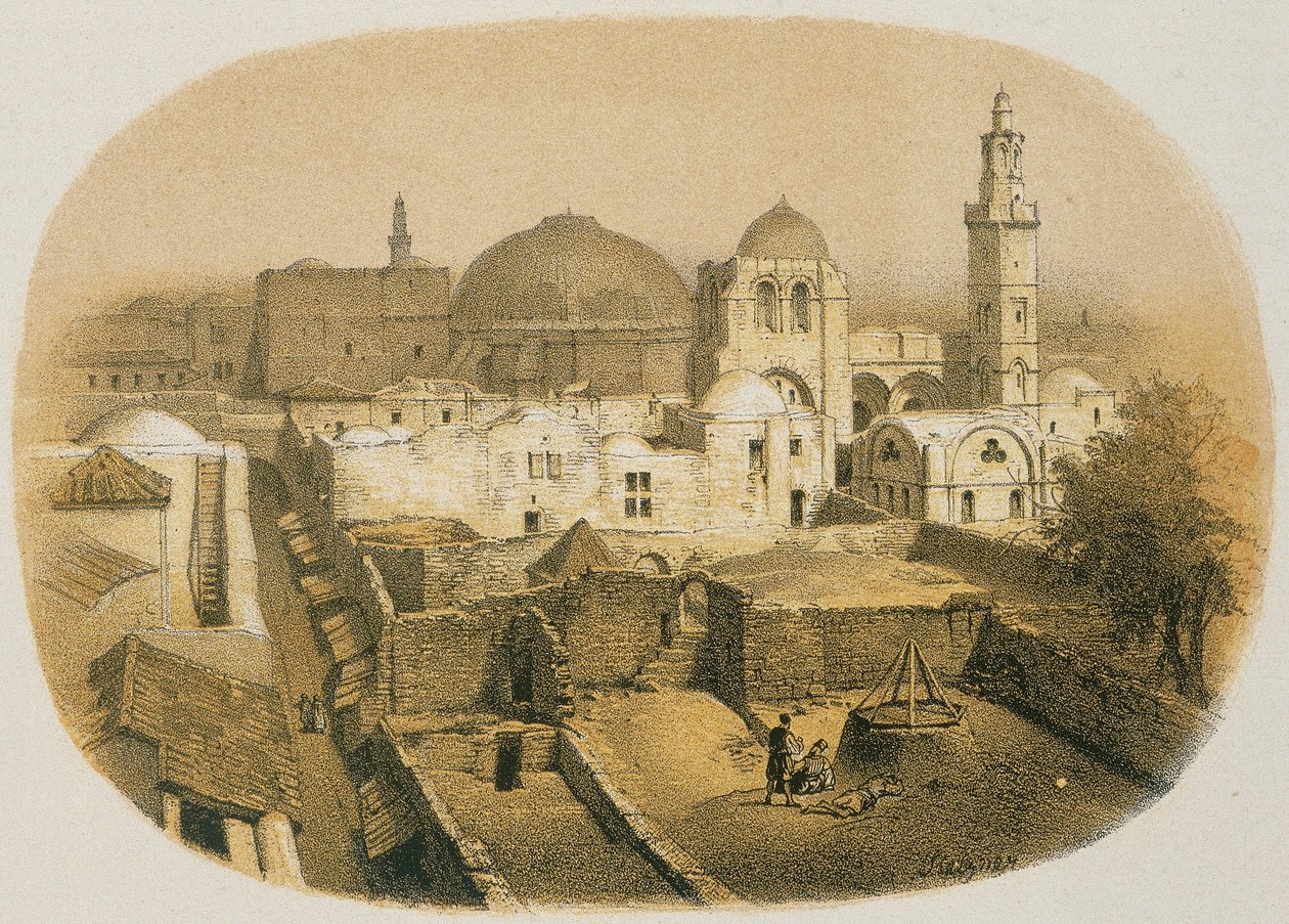Kirche des Heiligen Grabes in Jerusalem. Radierung von Stelzner - Steinkopk J.F. Editore von H. Stelzner