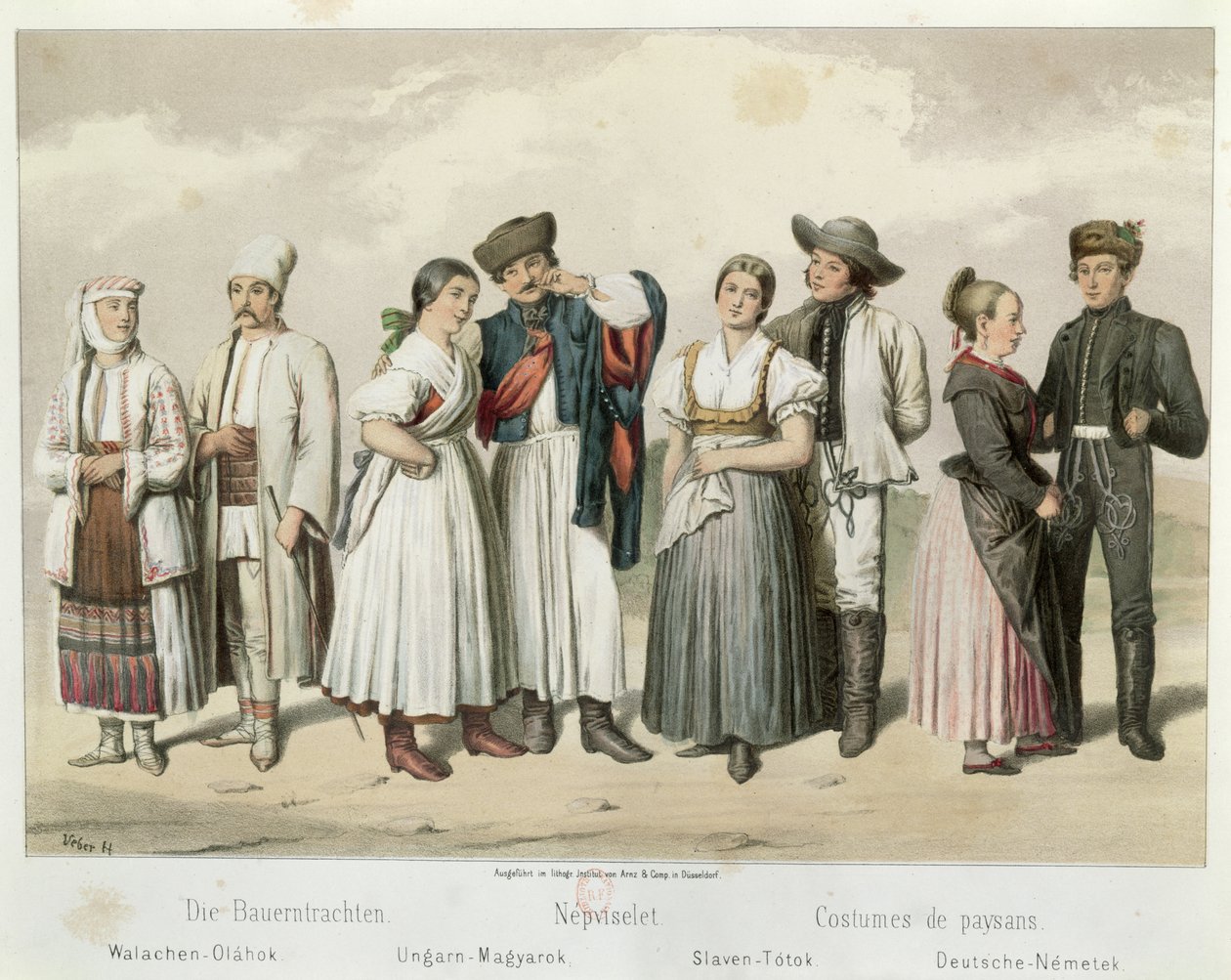 Kostüme von Bauern aus (L bis R) Rumänien, Ungarn, Slowakei und Deutschland, aus 