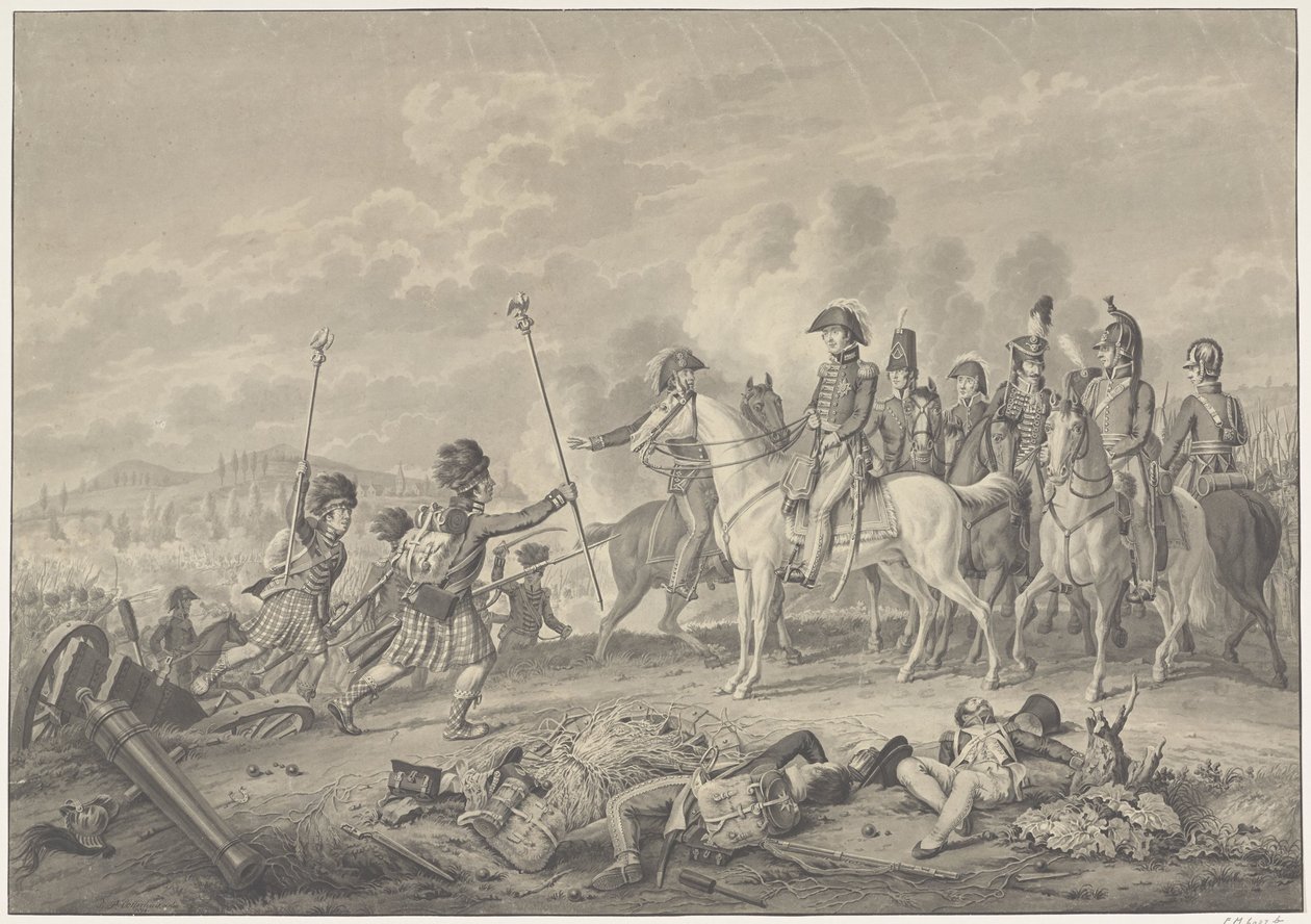 Herzog von Wellington empfängt während der Schlacht bei Waterloo zwei von den Franzosen eroberte Standarten mit Adlern, 1815 von Haatje Pieters Oosterhuis