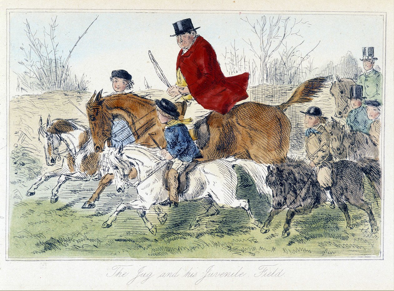 Jagdszene, englische Karikatur zur Fuchsjagd aus "Adventures of Thomas Scott or Hawbuck Grange", Illustration von H.K. Browne und W.T. Maud von Hablot Knight Browne