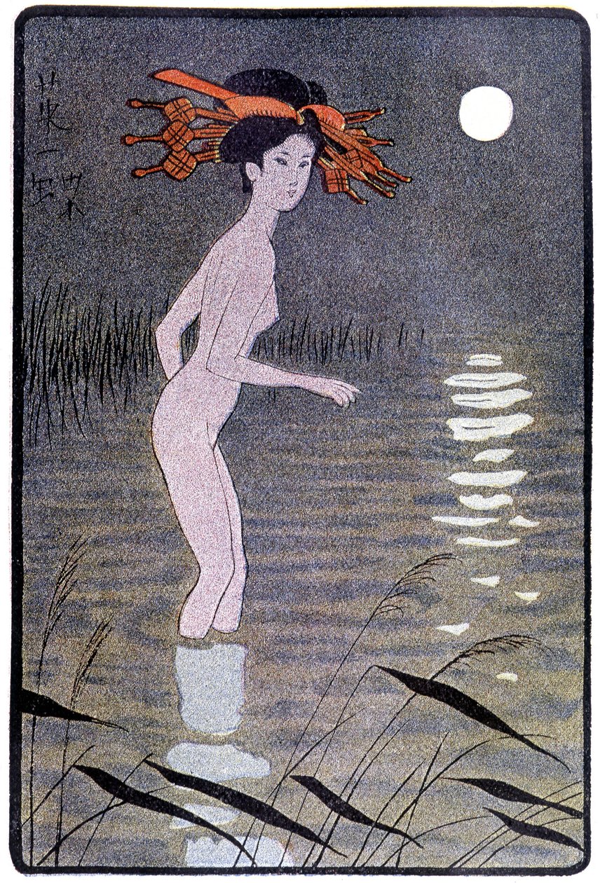 Junge Japanerin badet im Mondlicht in einem Teich - in „Japanische Puppe“ von Félicien Champsaur, ill. Hanafusa Itcho, Paris von Hanabusa Itcho