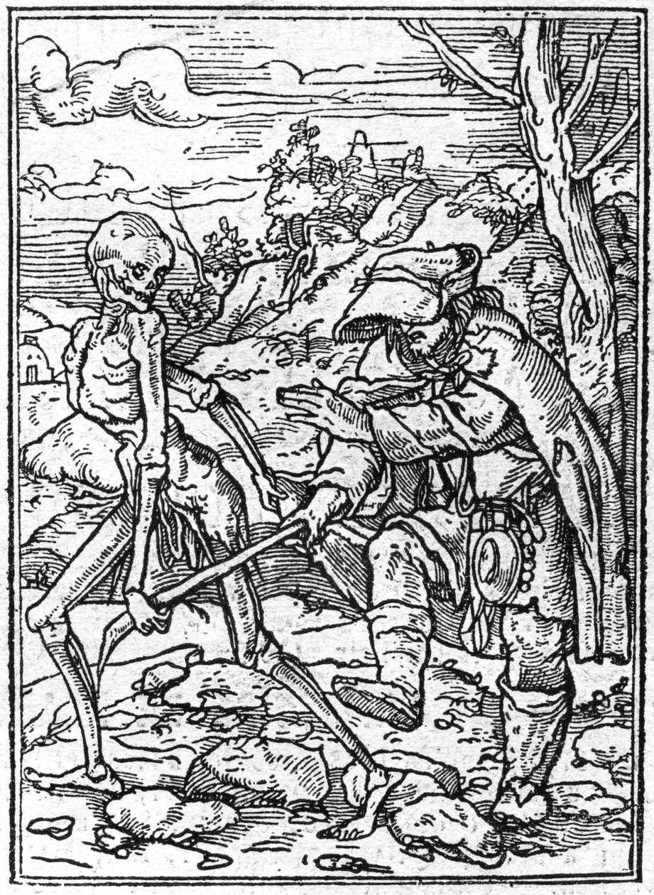 Die Simulakren des Todes von Hans Holbein dem Jüngeren (1497-1543): der Blinde. Der Tod greift nach dem Stock des Blinden und fungiert als Führer. Gravur. von Hans (after) Holbein the Younger