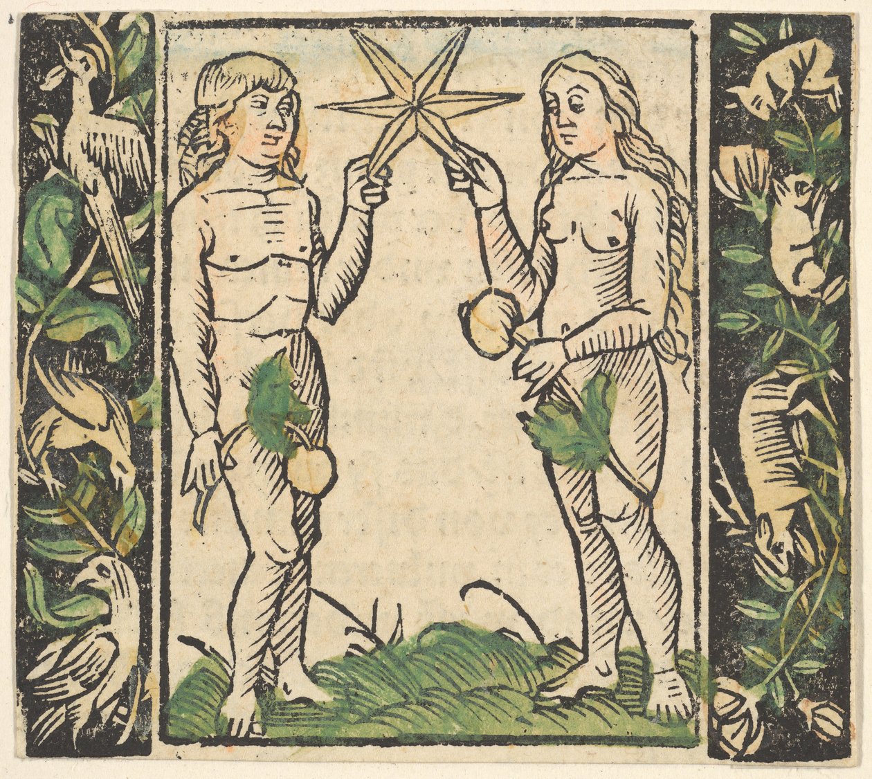 Adam und Eva halten einen Stern, Illustration aus Beschlossen Gart des Rosenkranz Mariae von Hans Baldung