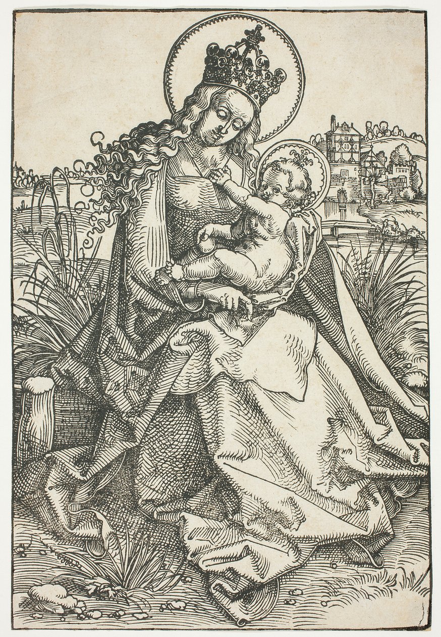 Madonna und Kind auf einer grasbewachsenen Bank von Hans Baldung Grien