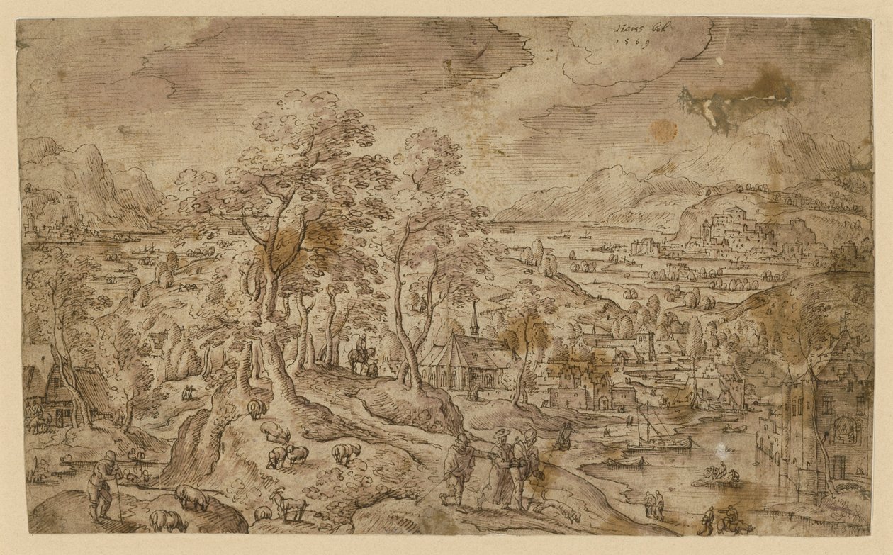 Christus auf dem Weg nach Emmaus in weiter Landschaft von Hans Bol