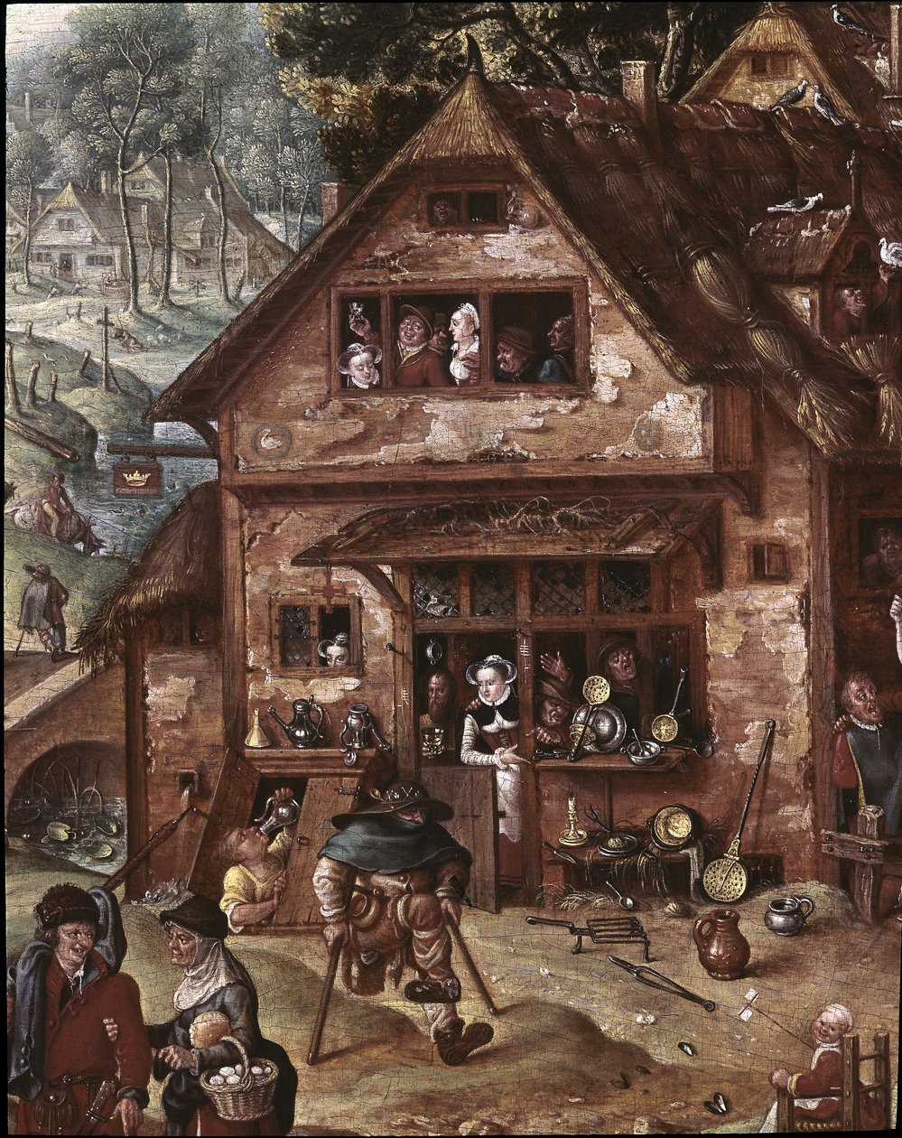 Ansicht des Dorfes mit burlesken Szenen. Detail der Taverne von Hans Bol