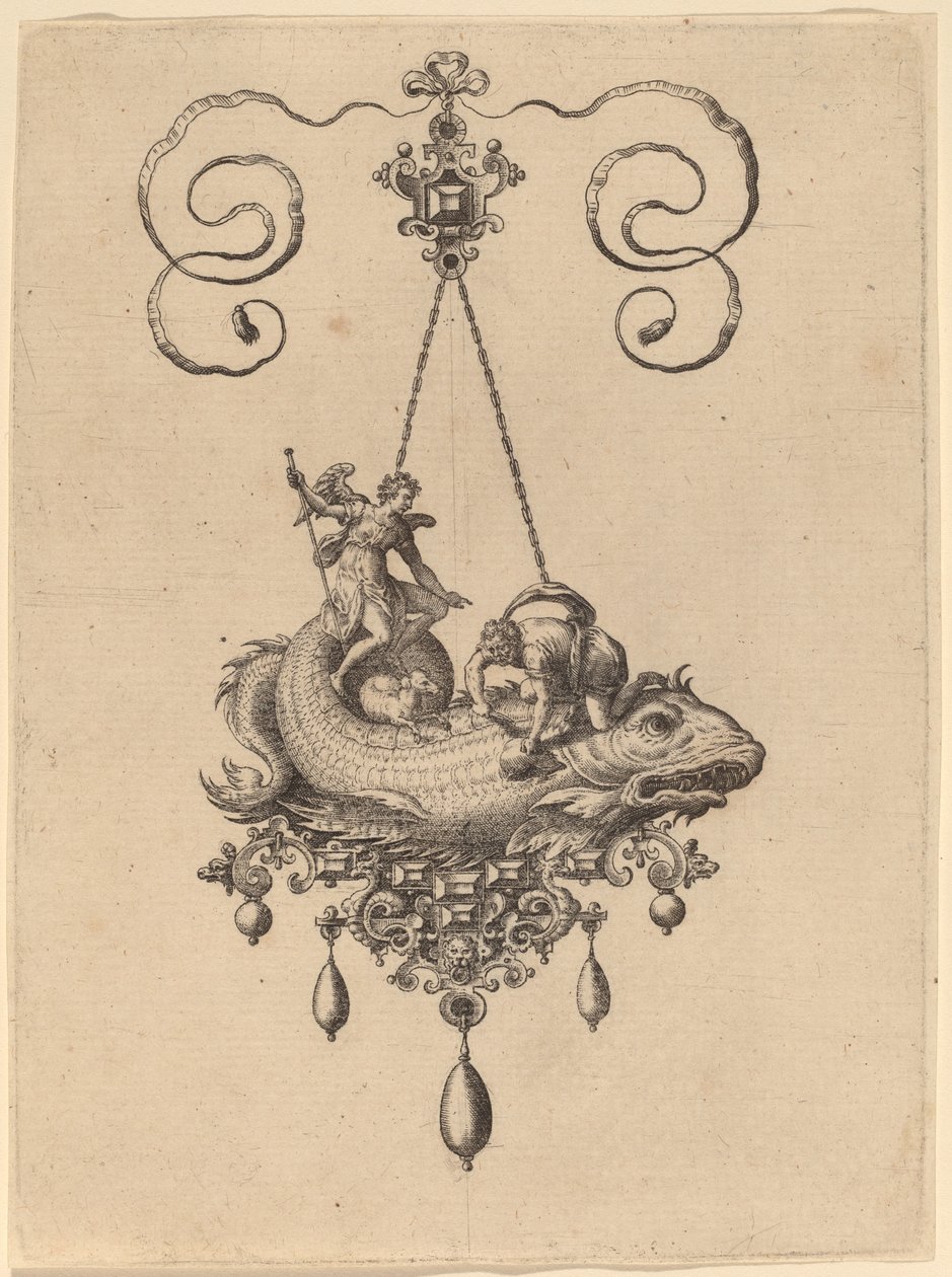 Entwurf für ein Anhänger mit einem Fisch, der Tobias und den Engel trägt von Hans Collaert the Elder