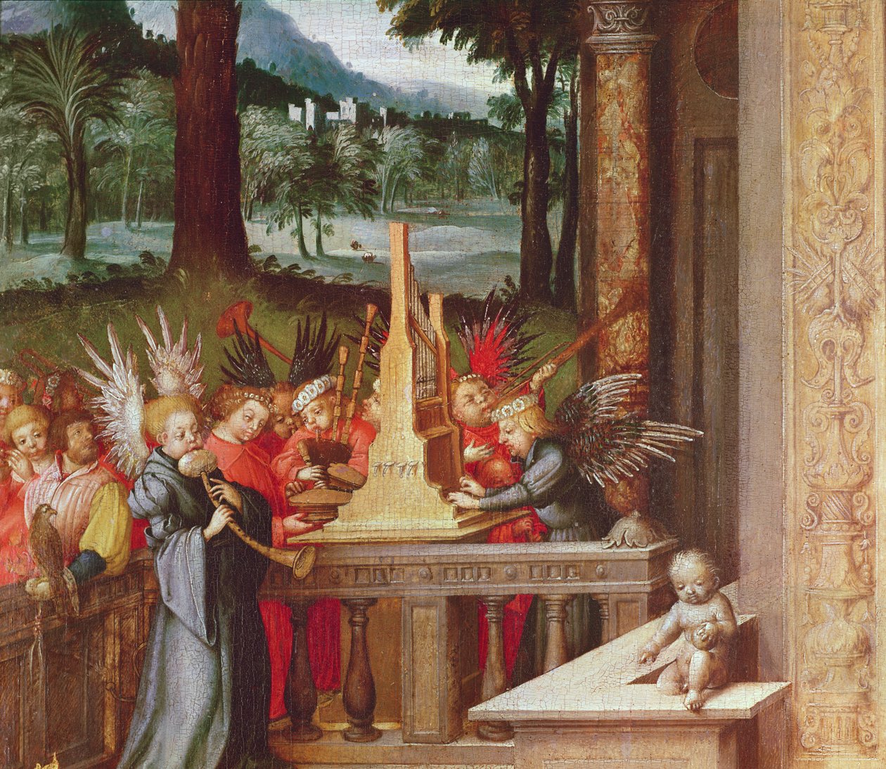 Jungfrau, Kind und Heilige (Detail) der Engel, die Orgel spielen von Hans Holbein the Elder