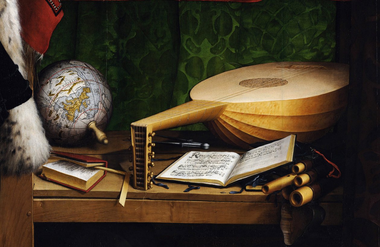 Die Botschafter (Detail der unteren Regalebene) von Hans Holbein der Jüngere