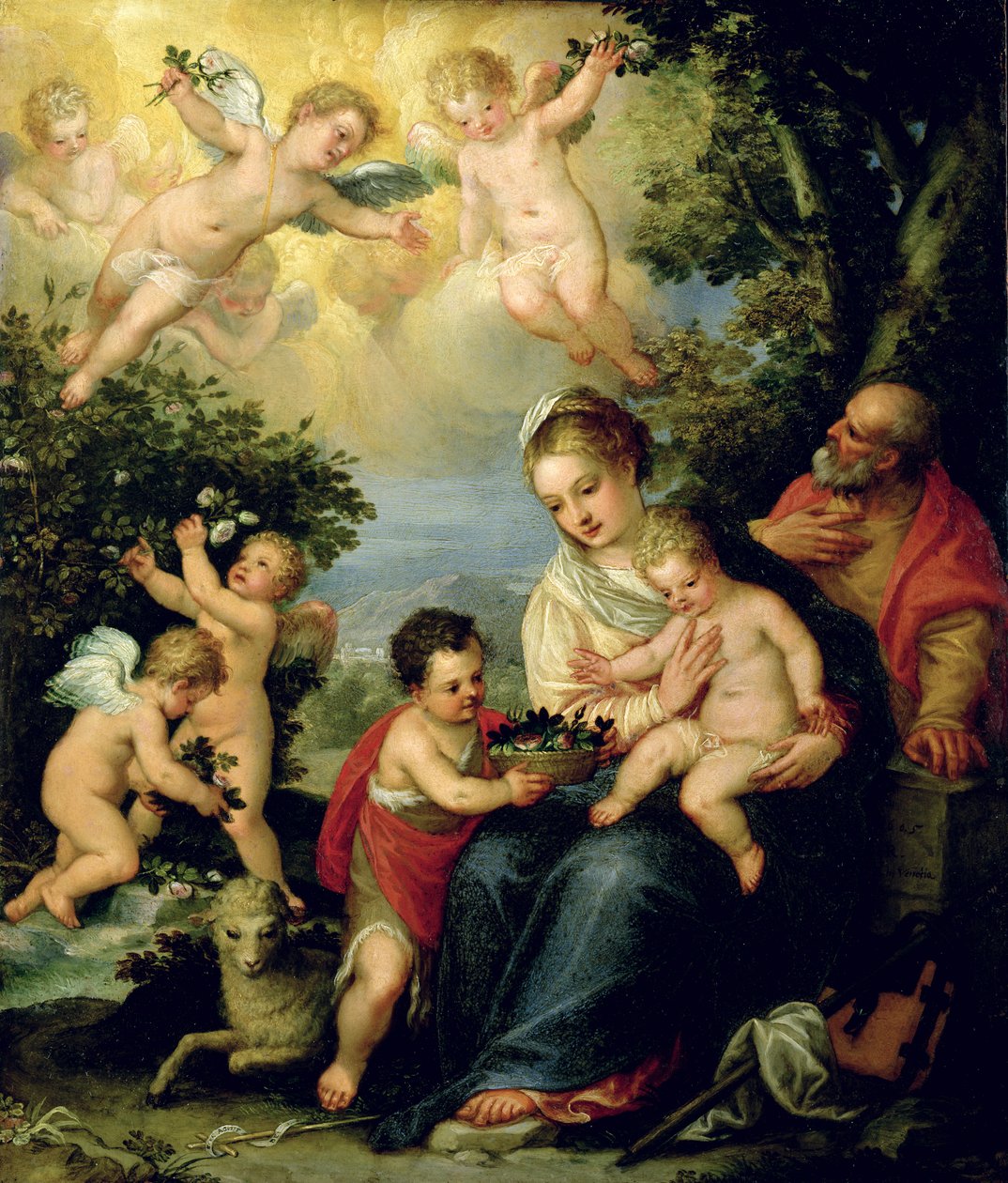 Die Heilige Familie mit Johannes dem Täufer und blumenverteilenden Engeln von Hans I or Johann Rottenhammer