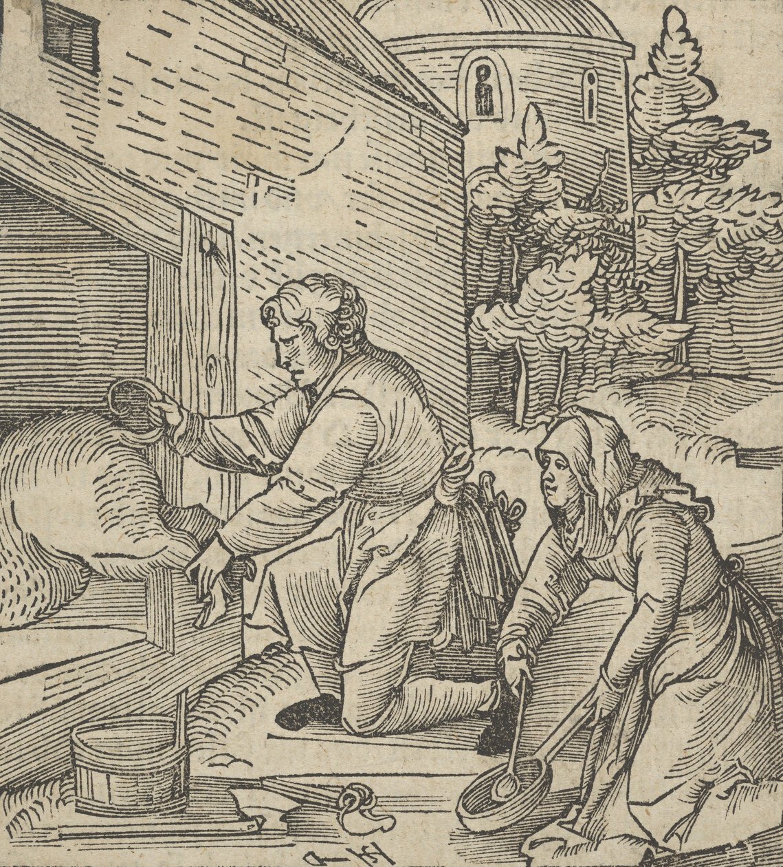 Ein Bauer schlachtet ein Schwein, aus Hymmelwagen auff dem, wer wol lebt..., 1517 von Hans Schäufelein the Elder