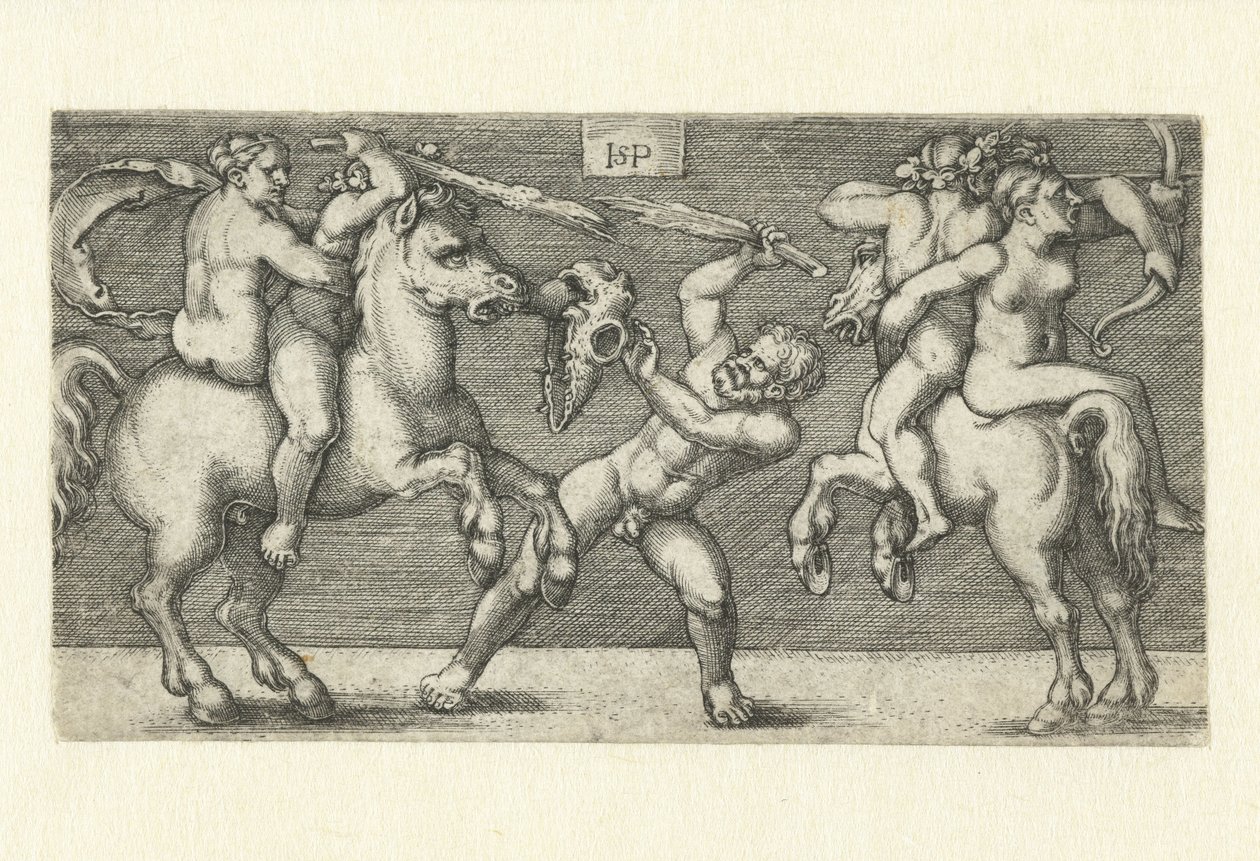Kampf zwischen zwei Männern mit Frauen zu Pferd und einem stehenden Mann von Hans Sebald Beham