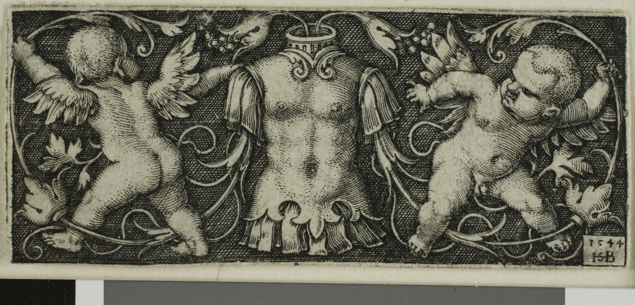 Ornament mit Rüstung und zwei Genien, aus Vier Vignetten von Hans Sebald Beham