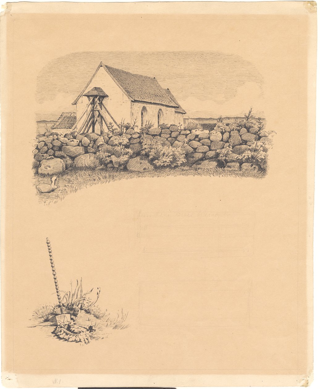 Illustration zu St. St. Blicher: "Mowns". V.o.: Kirche hinter Steinmauer; v.u.: Grabstätte (?) mit Spaten von Hans Smidth