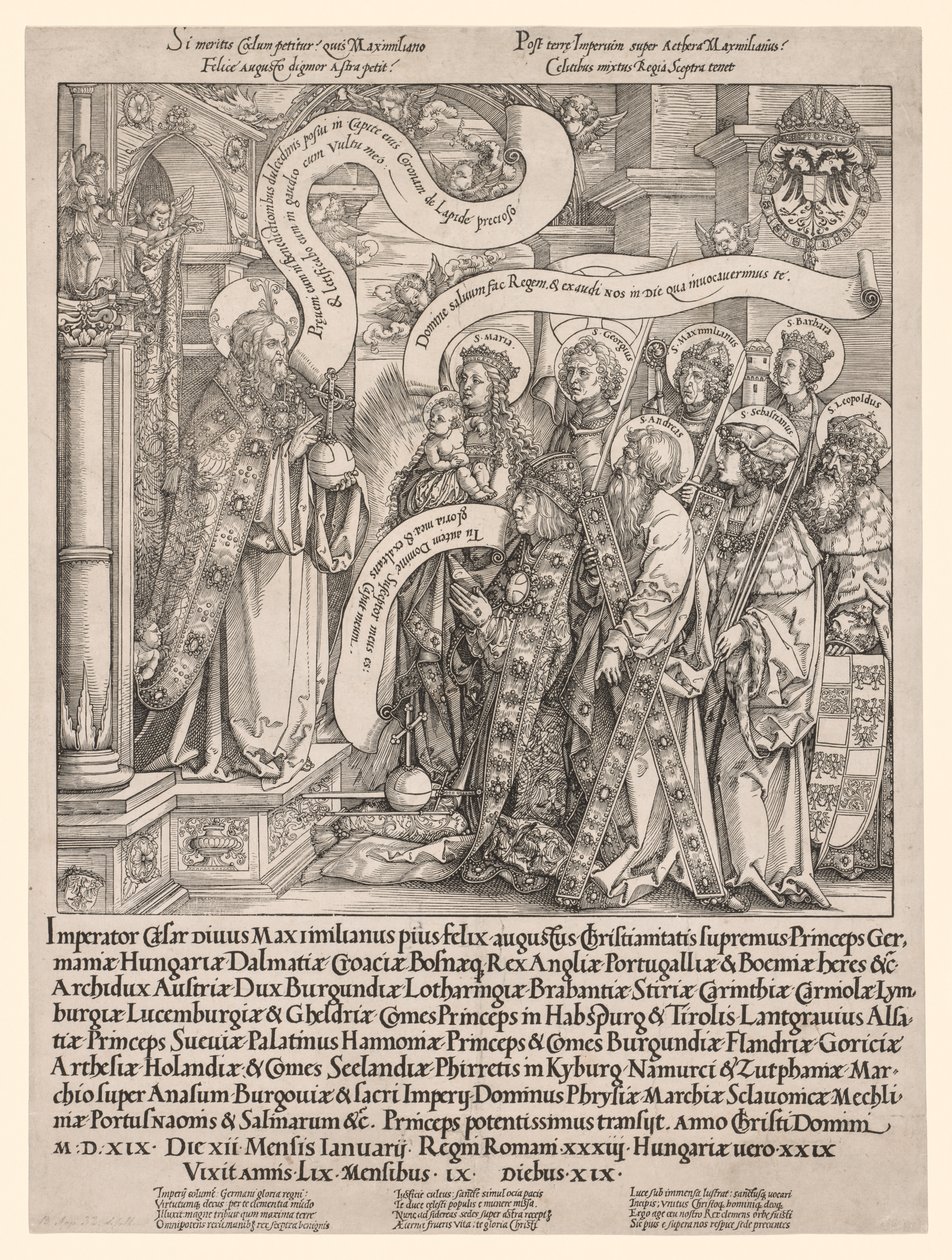Der Kaiser Maximilian wird von seinen Schutzheiligen dem Allmächtigen vorgestellt von Hans Springinklee