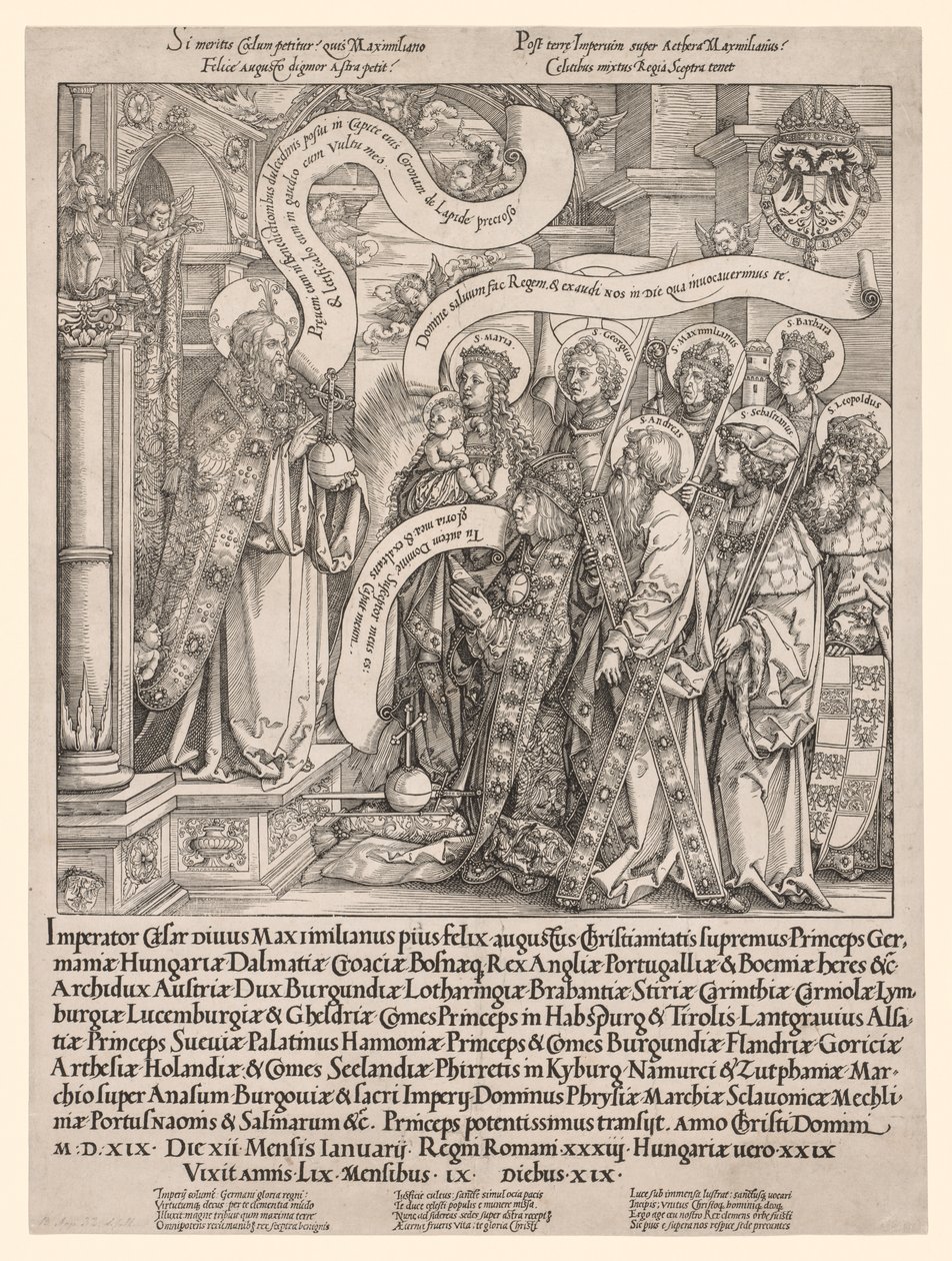 Der Kaiser Maximilian wird von seinen Schutzheiligen dem Allmächtigen vorgestellt, 1519 von Hans Springinklee