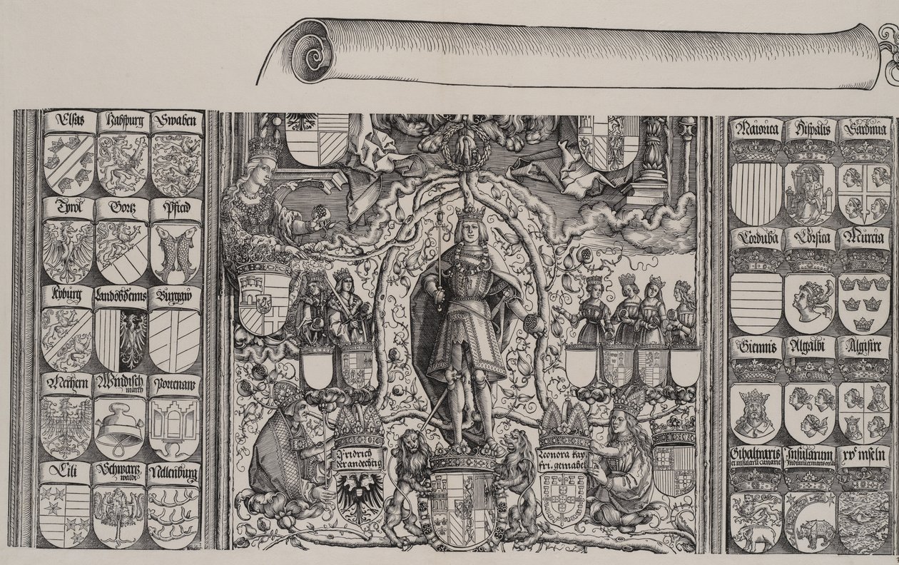 Der obere Teil der Genealogie von Maximilian, mit dem rechten Rand der Schriftrolle von Hans Springinklee