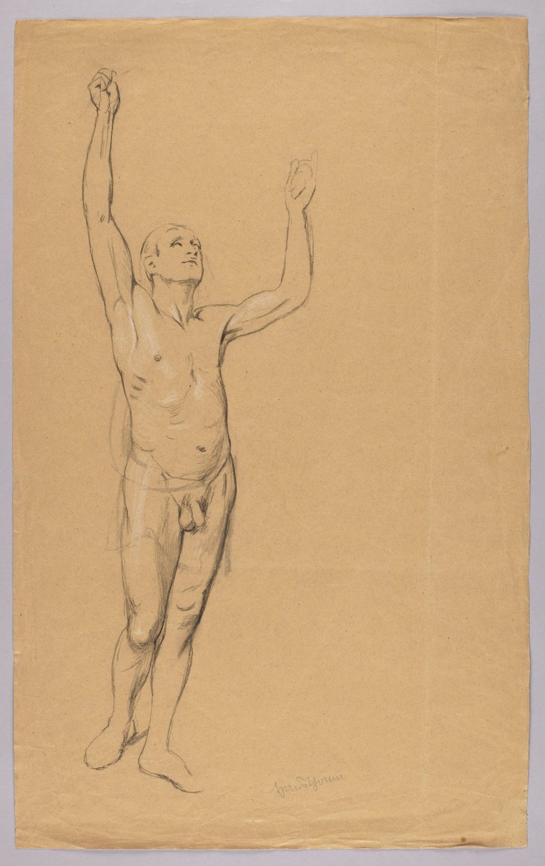 Akt eines Mannes mit erhobenen Armen von Hans Thoma