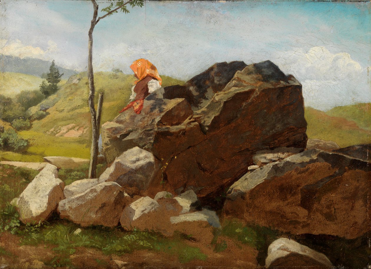 Felsblöcke mit sitzendem Bauernmädchen von Hans Thoma
