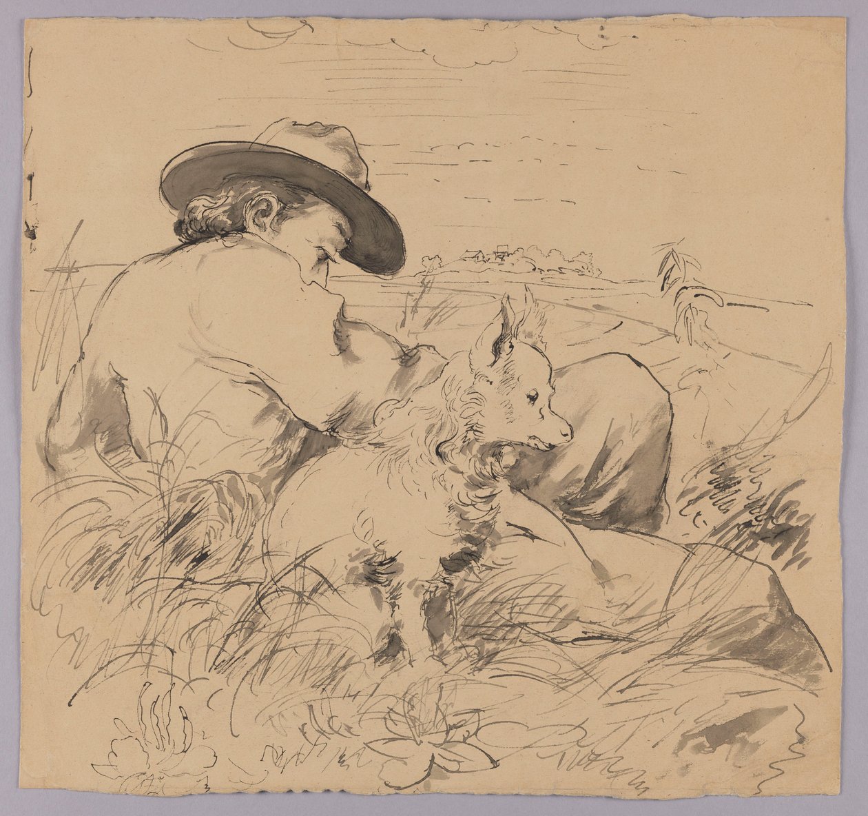 Mann liegt im Gras mit Hund von Hans Thoma