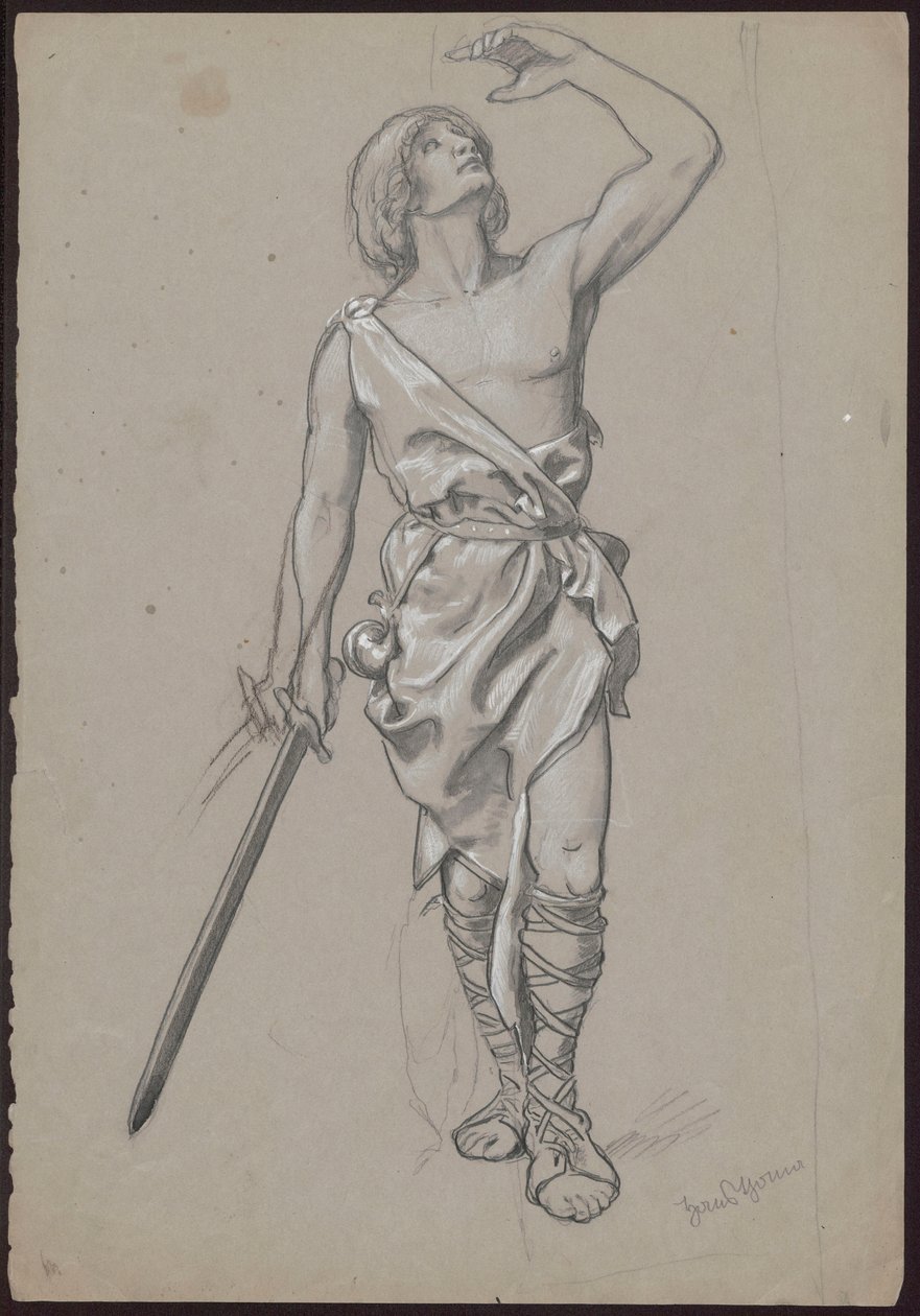 Mann in Gewand mit entblößtem Oberkörper, Jagdhorn an der Seite und Schwert in der rechten Hand von Hans Thoma