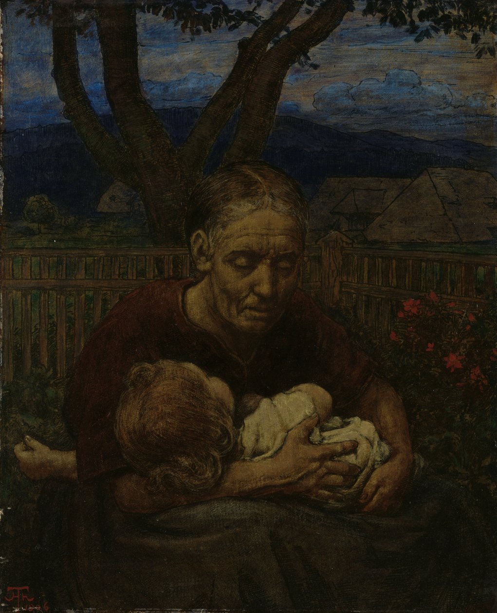 Mutter und Kind in einem Garten von Hans Thoma