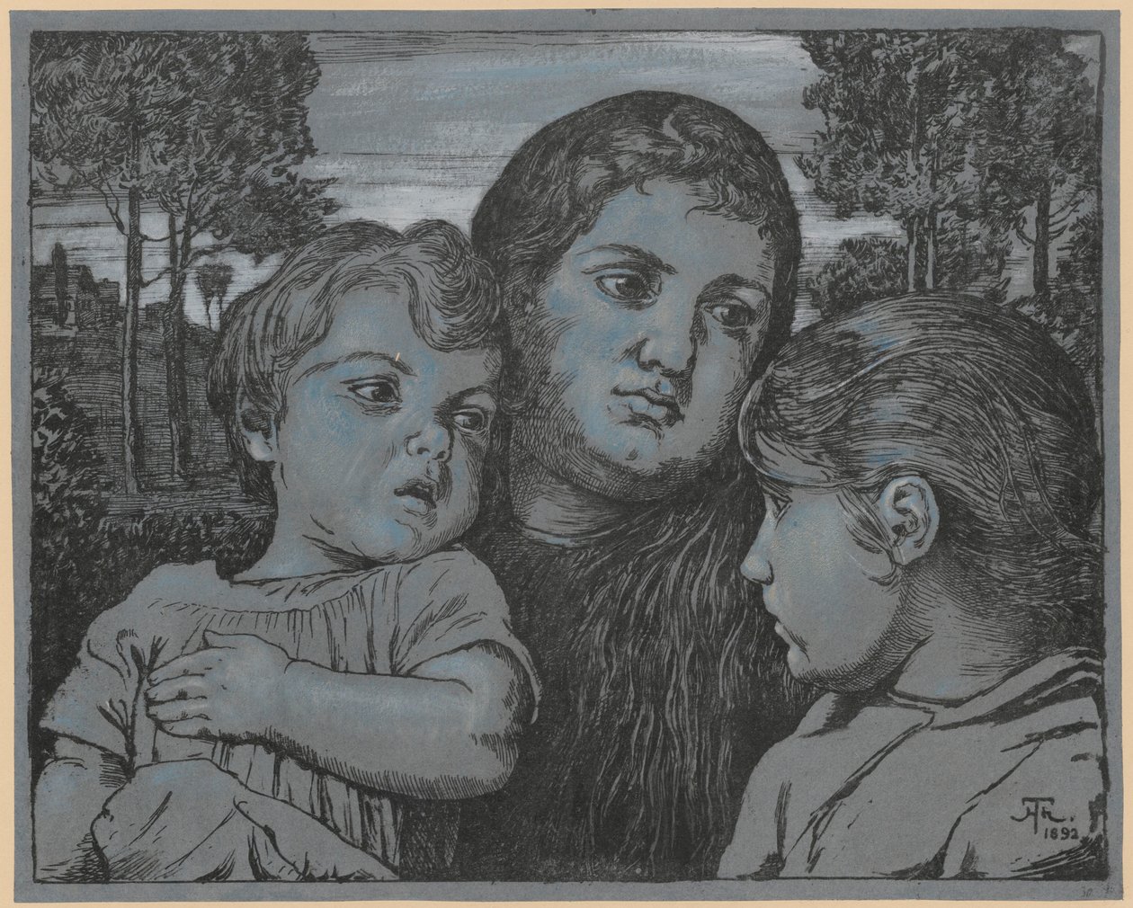 Porträt der Frau des Künstlers Celli mit zwei Kindern vor einer Landschaft von Hans Thoma