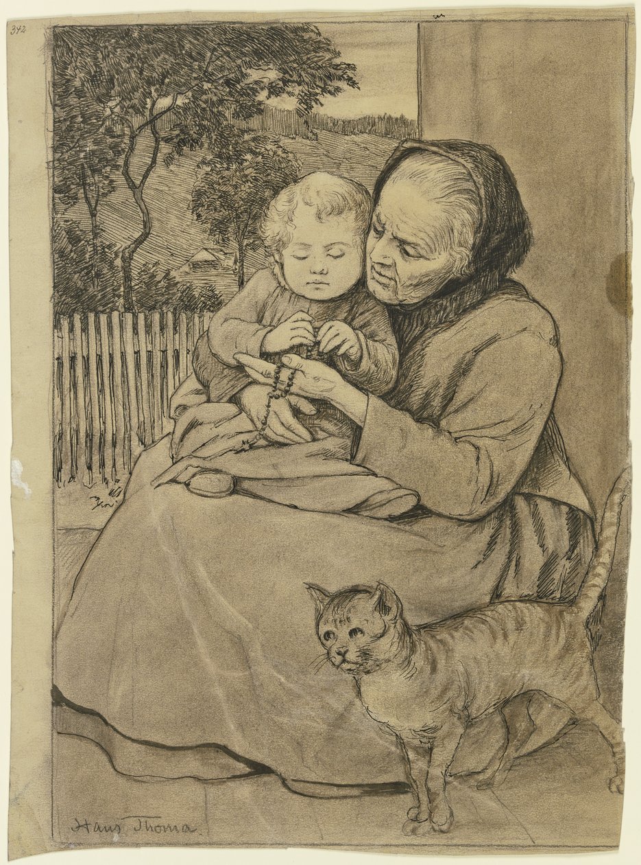 Sitzende alte Frau mit Kind von Hans Thoma
