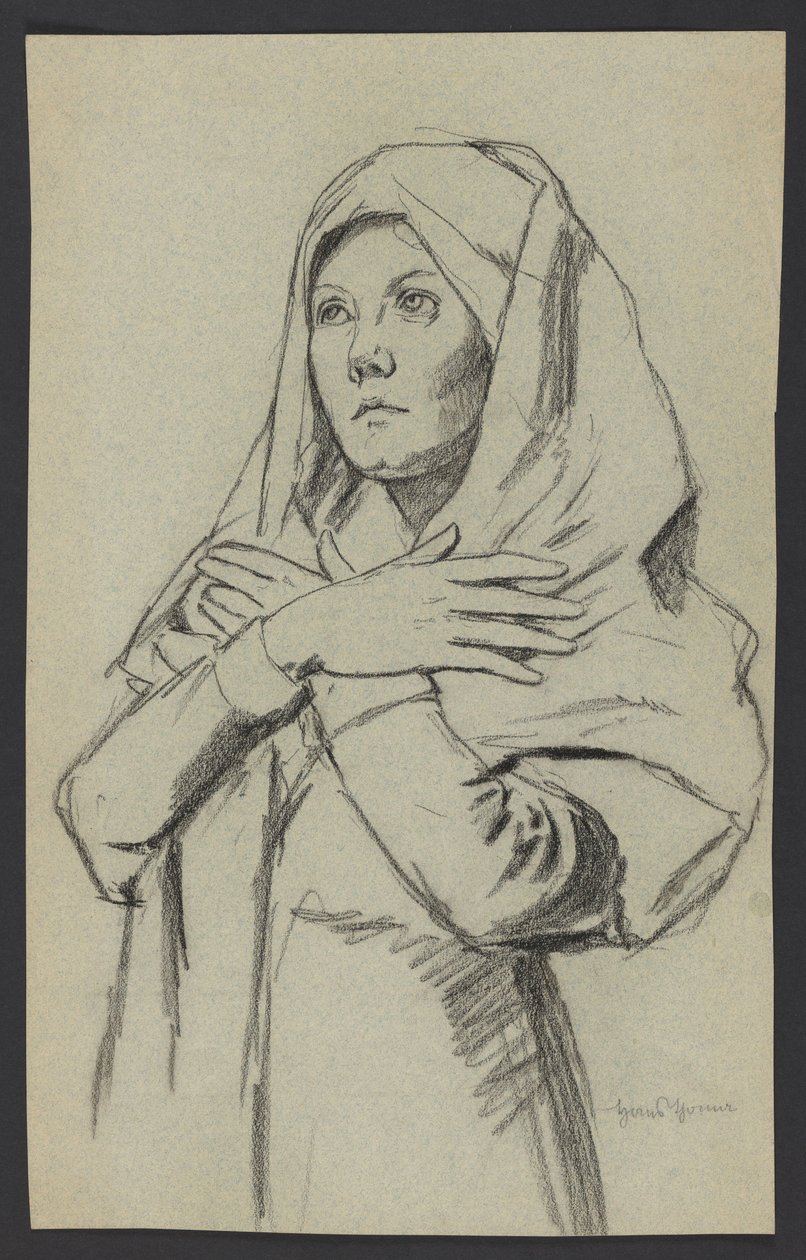 Studie einer jungen Frau in einem langen Schal, mit verschränkten Armen auf der Brust von Hans Thoma
