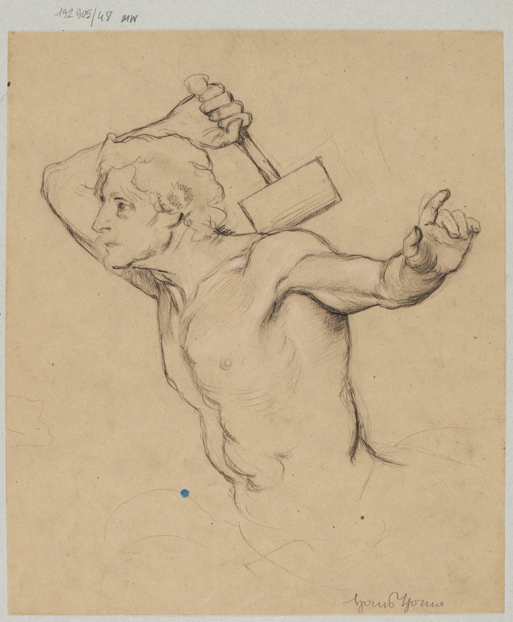 Studie eines nackten Mannes, bis zur Taille dargestellt, der einen Hammer hebt von Hans Thoma