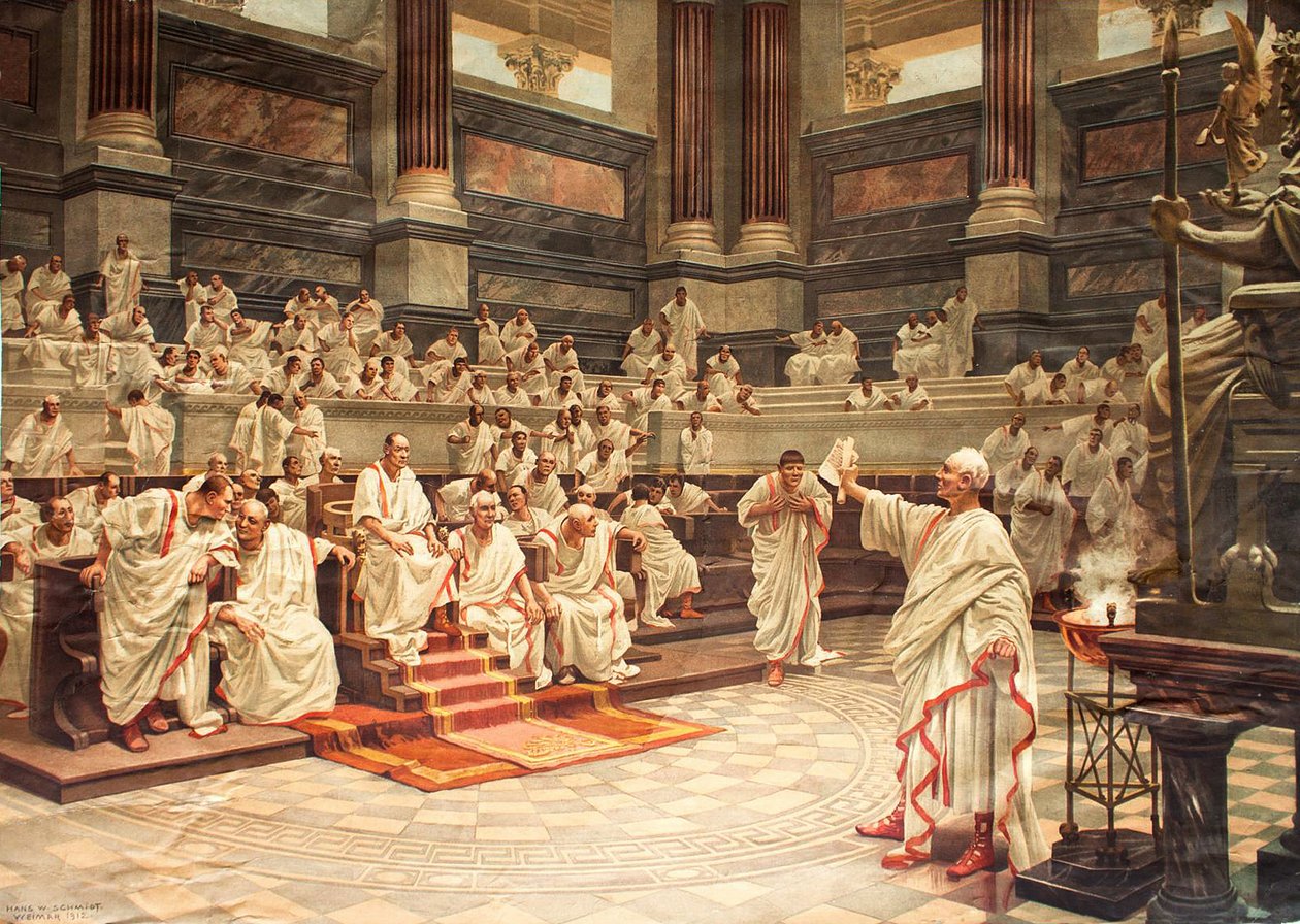 Cicero im Senat beschuldigt Catilina (108-62 v. Chr.) der Verschwörung, 21. Oktober 63 v. Chr. - Chromolithographie von Hans W. Schmidt