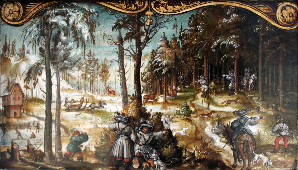 Zwei Tafeln aus einer Folge von Bildern des Landlebens: Fuchs- und Hirschjagd im Winter von Hans Wertinger