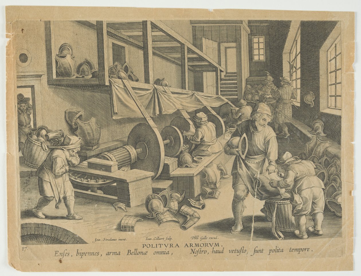 Politura Armorum, Polieren von Waffen, Platte 17 aus der Serie Nova Reperta, Moderne Entdeckungen, ca. 1588 von Hans the younger Collaert
