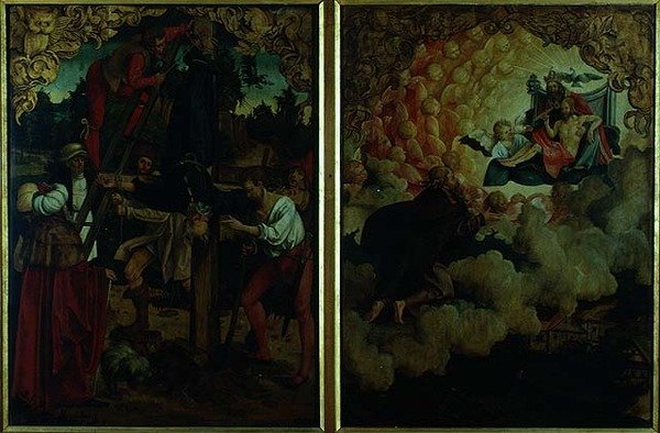 Geschichten von S.S. Peter und Paul Altarbild: Detail zeigt LtoR Kreuzigung des St. Peter, St. Paul steigt in den Himmel auf (Detail) von Hans von Klumbach