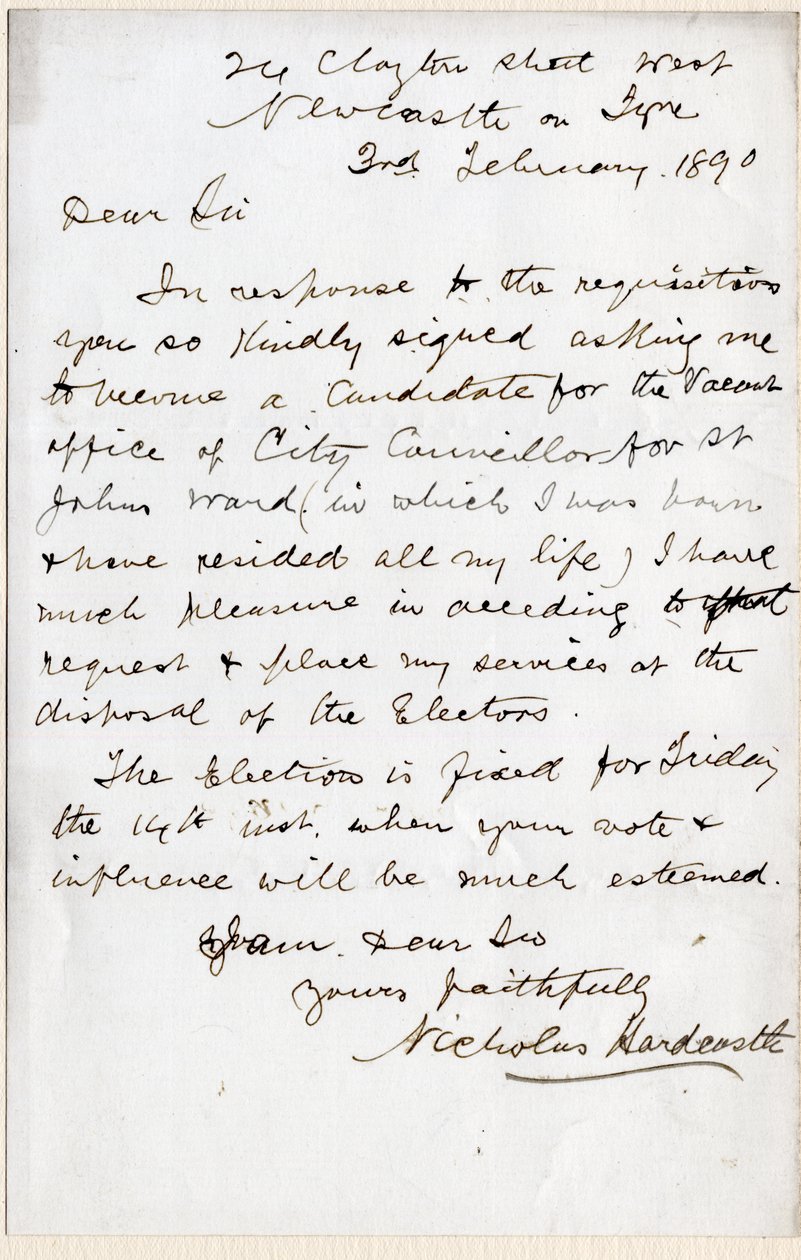 Brief von Nicholas Hardcastle zur Annahme der Einladung als Stadtrat für St. John