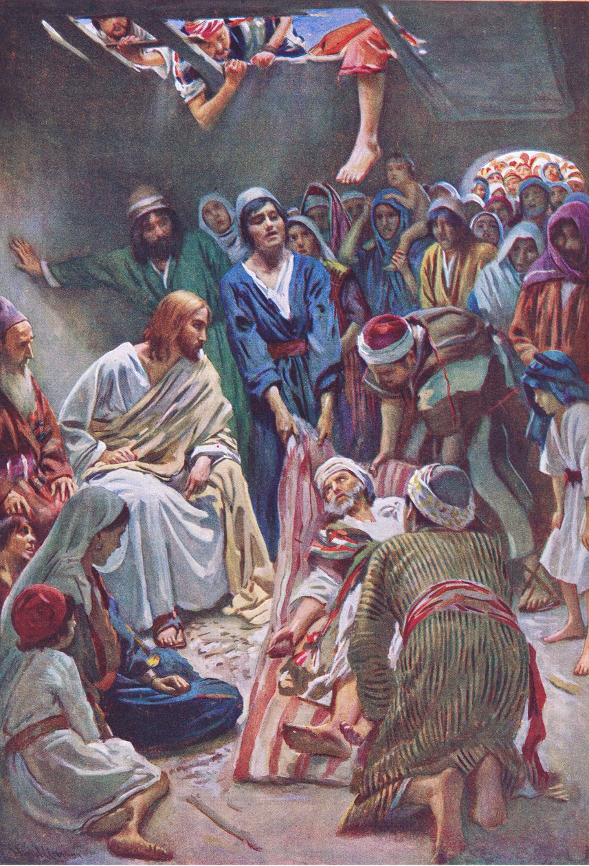 Der Mann, der durch das Dach herabgelassen wurde, Illustration aus Harold Copping Bilder: Die Kronen-Serie, ca. 1920er von Harold Copping