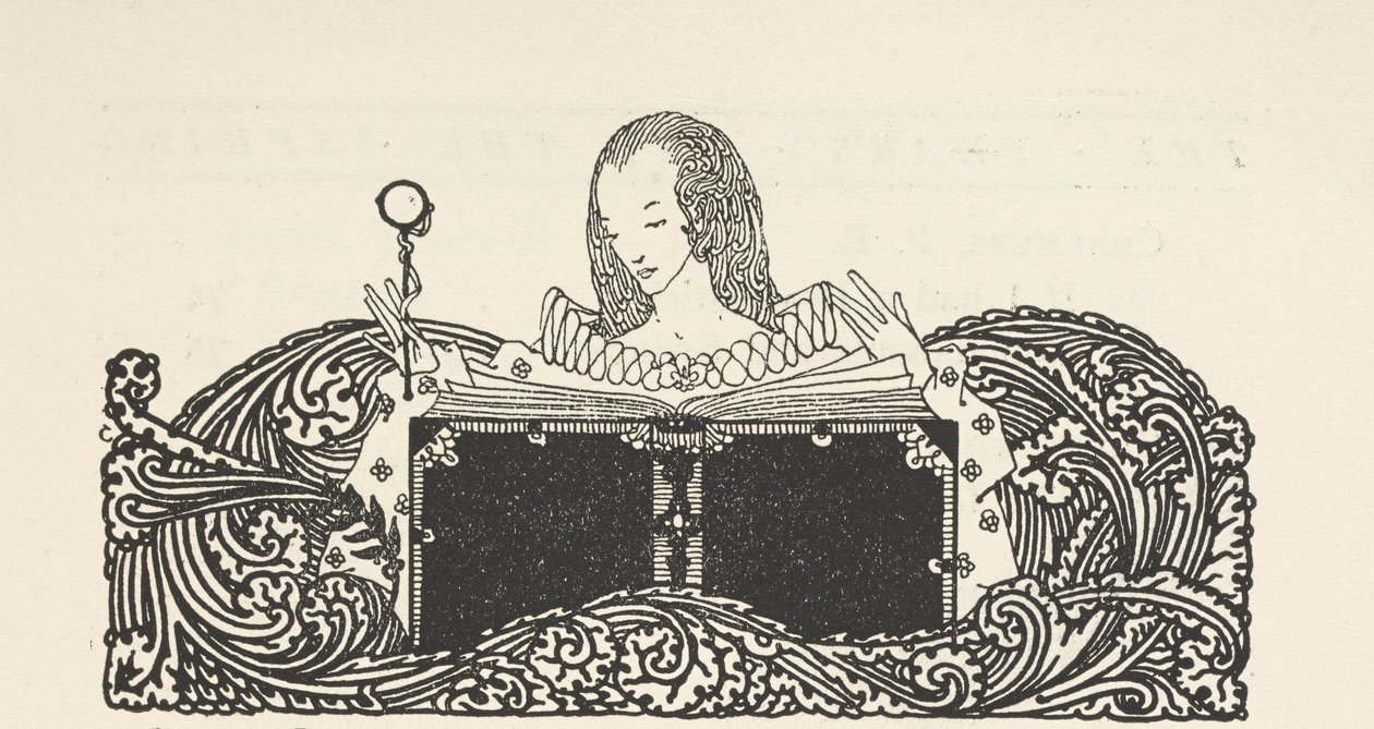 Illustration, die eine Frau zeigt, die ein Buch liest, oben auf der Inhaltsseite. von Harry Clarke