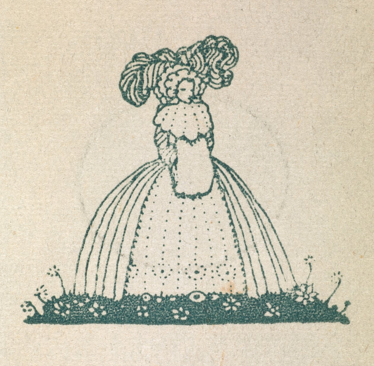 Illustration, die eine Frau zeigt, die ein großes Kleid trägt. von Harry Clarke