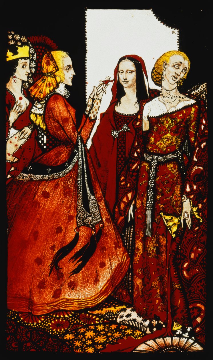 Königinnen, deren Finger einst Männer bewegten. "Königinnen", neun Glasplatten geätzt, gefärbt und bemalt, Illustrationen zu J.M. Synges Gedicht, 1917 von Harry Clarke