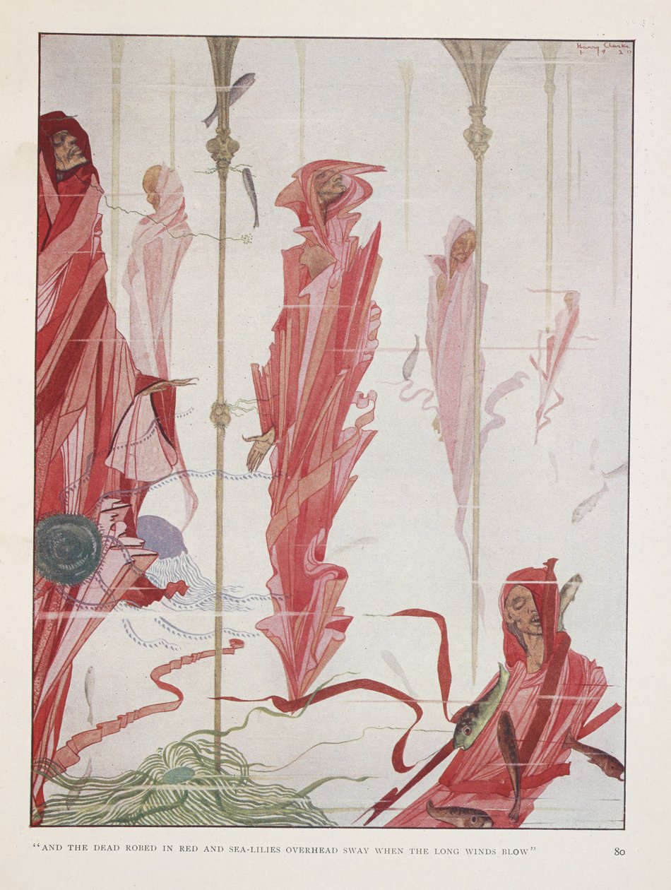 Der sterbende Patriot. "Und die Toten in Rot gekleidet und Seelilien darüber schwanken, wenn die langen Winde wehen" von Harry Clarke