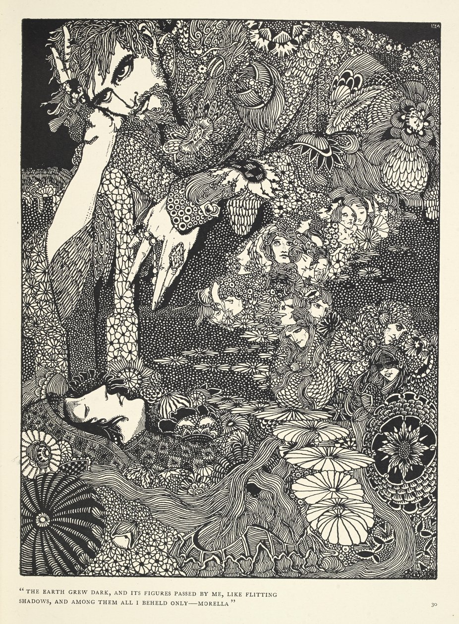 „Die Erde wurde dunkel, und ihre Gestalten zogen an mir vorbei, wie flüchtige Schatten ... Morella.“ Illustration zur Geschichte 