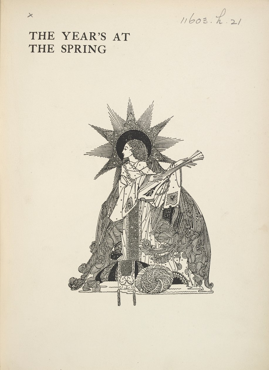 Unbetitelte Illustration. Eine Frau spielt ein Musikinstrument. von Harry Clarke